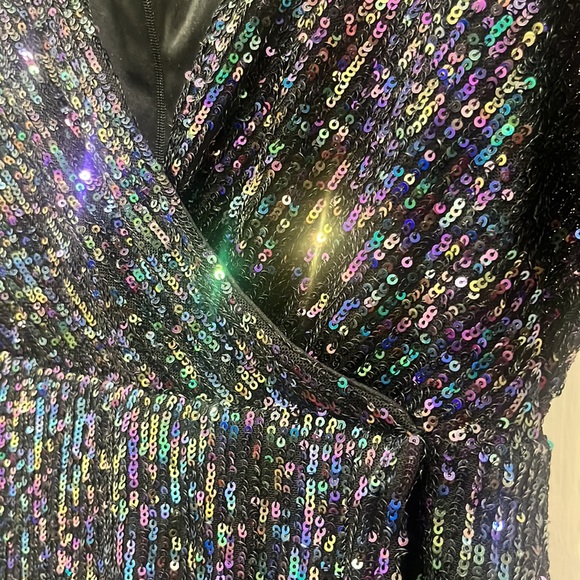 MORGAN & CO Juniors Black Sequined Elbow Sleeve Surplice Neckline Mini Dress - Picture 11 of 15